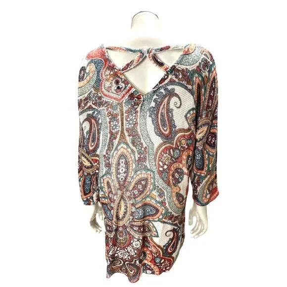 Chicos Size 2 Large Multicolor Tunic Paisley Knit Tunic Boho City Resort Style - Picture 5 of 13